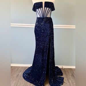 Elegant Navy Blue Sequin Maxi Dress